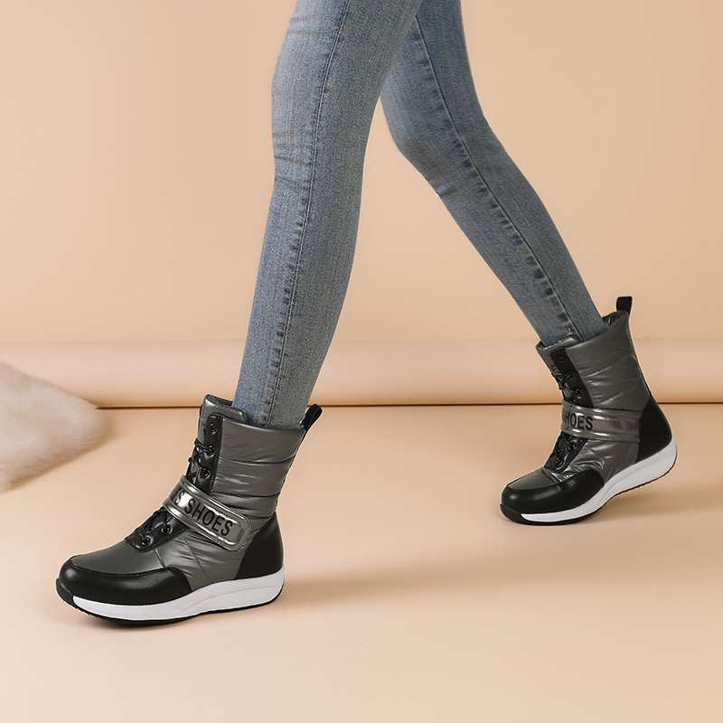 Krazing Pot Microfiber Down Boots Winter Shoes Med Heels Size 44 Wedges Super Size Snow Boots Hook Loop Mixed Color Keep Warm Mid-calf Boots