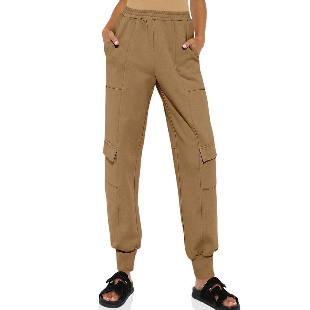Women Elastic High Waist  Casual Active Fit Wide Long Leg Pants Trousers With Pockets