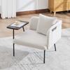 Poltrona individual moderna com encosto de tecido confortável e dois compartimentos de arrumação, complementada por uma mesa lateral prática.