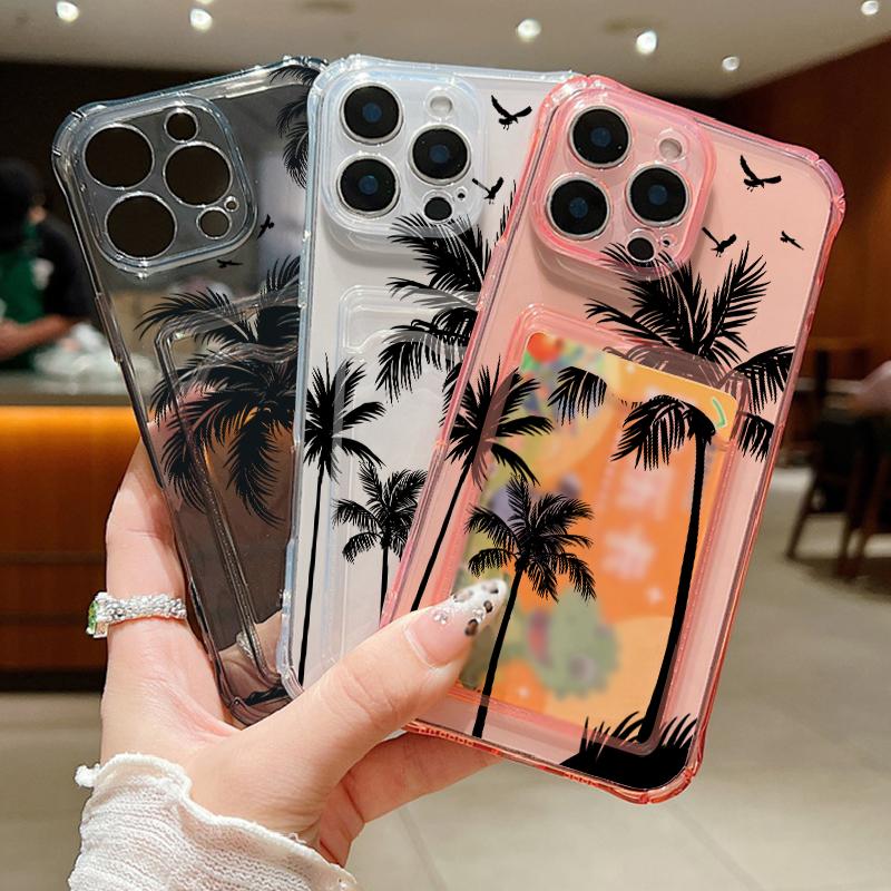 Husă Transparentă cu Model Palmier de Cocos cu Slot pentru Card pentru iPhone 16 Pro Max 16E 15 Pro 14 13 12 11 Subțire Antishock Silicon Moale Husă Telefon