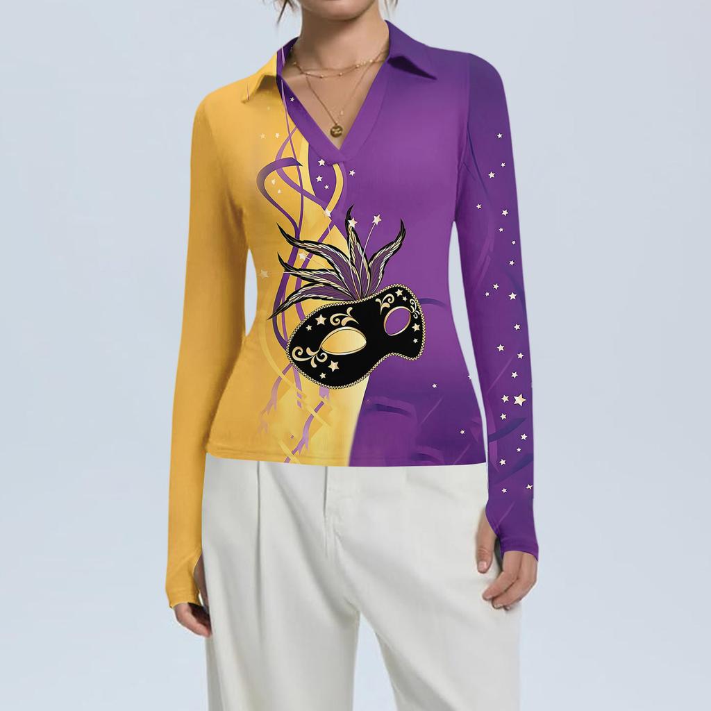 Damenmode Lässig Bedruckt V-Ausschnitt Langarm Knopfleiste Oberteil