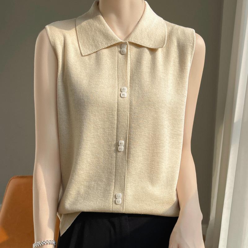 Polo Collar Sleeveless Worsted Wool Vest for Women In Spring and Autumn Style, Inner Style Solid Color Knitted Vest Base Shirt Top