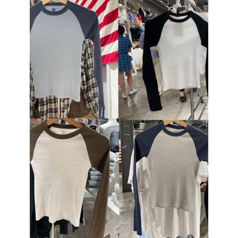 

BM Сочетание цветов Чжао Лусы Универсальный верхняя одежда Футболка с длинными рукавами Light blue spell Brown All yards