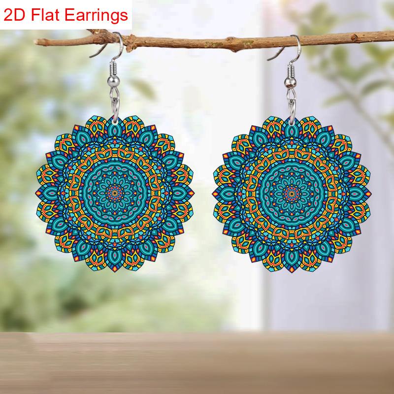 Red/Green Bohemian Mandala Acrylic Earrings for Women Colorful Fashion Earrings Novel and Elegant Earring Jewelry for Holiday Party