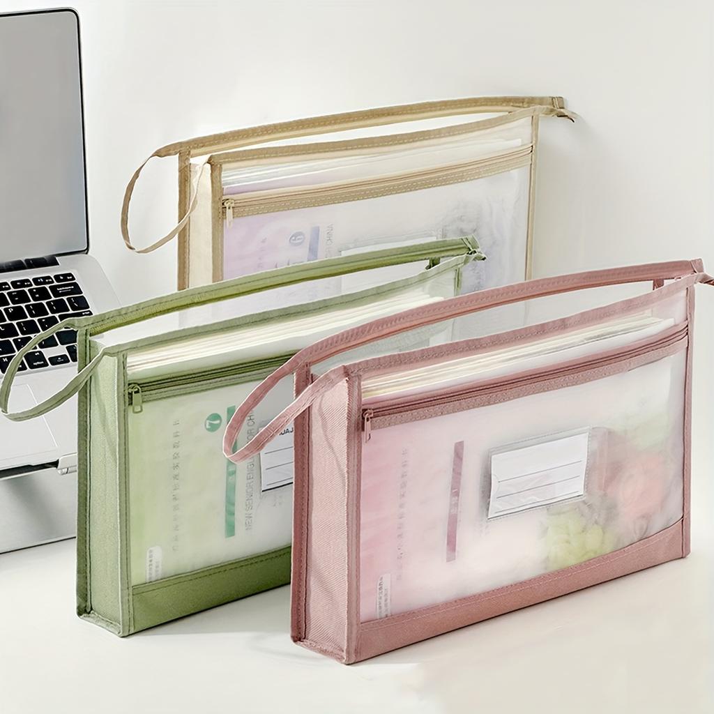 4pcs Large Capacity A4 Mesh File Organizer with Dual Zippers - Portable Document Storage Bag, Multi-Layer Compartments,Transparent Label Slots