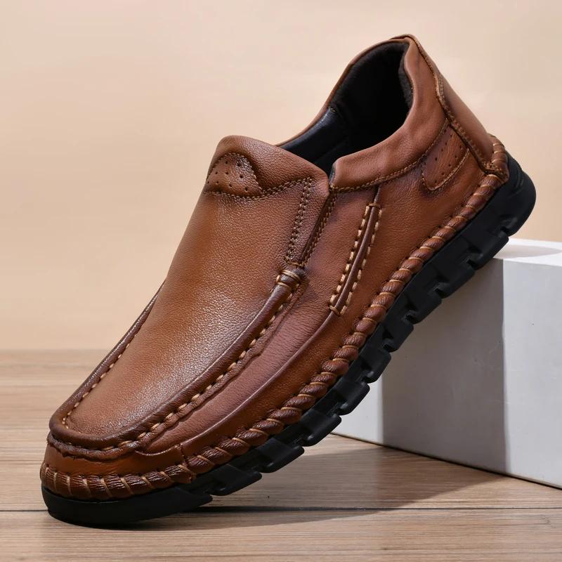 Mens Genuine Leather Casual Shoes Men Vintage Male Hiking Shoes Soft Breathable Walking Loafers Man Classic Lace-Up Sneakers