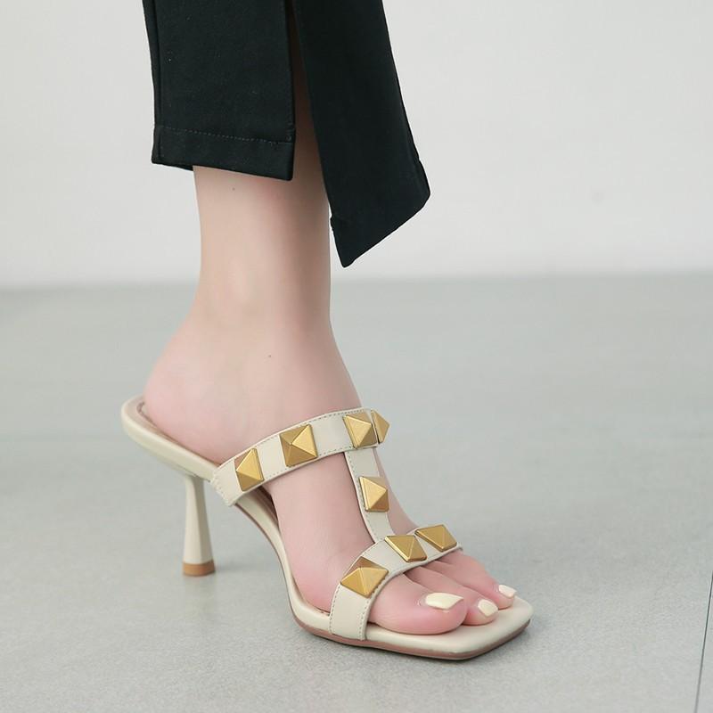 2025 Summer Slippers Female Summer Rivets Outer Wear Fashion Fairy Style Sandals Lazy High Heel Stiletto 7cm Sandals