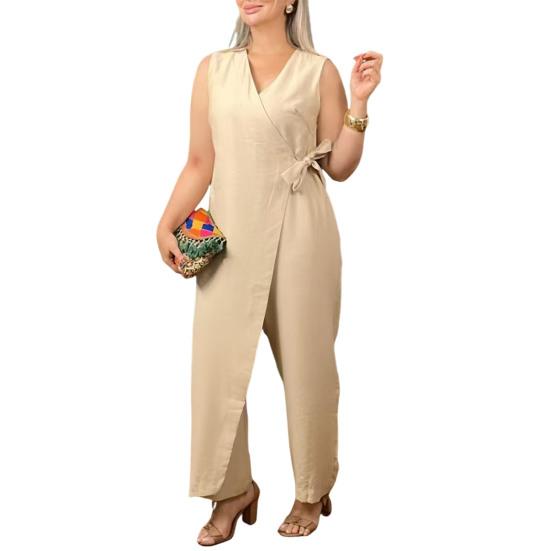 Summer Jumpsuit Sleeveless V Neck Lace-up High Waist Plus Size Wide Leg Pure Color Asymmetric Casual Jumpsuit for Parties Dates