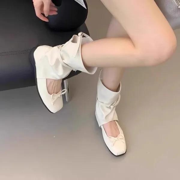 Fashion Retro Square-Toe Mary Jane Shoes - Women's Milk-White Bow Strappy Flats
