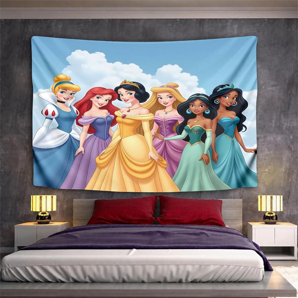 Horizontal Tapestry Group of Disney Princesses in Gowns Against Blue Sky Clouds, Classic Cartoon, Wide Wall Art for Adult Bedroom Fan Gift