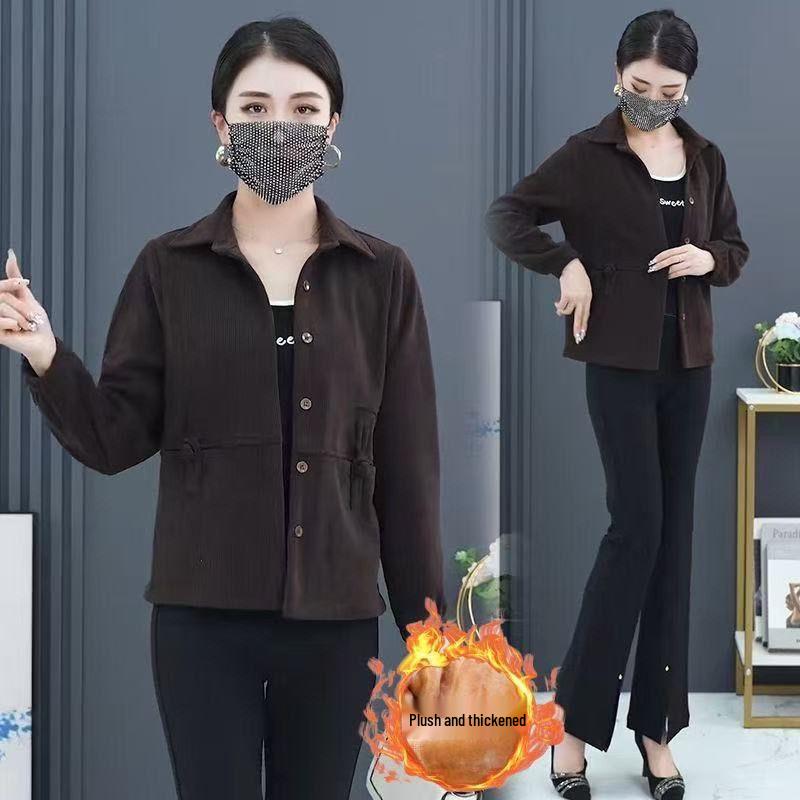

Women s Corduroy Mid-Length Jacket with Velvet Lining - Warm, Fashionable, Loose-Fit Long Sleeve Top for Moms XL