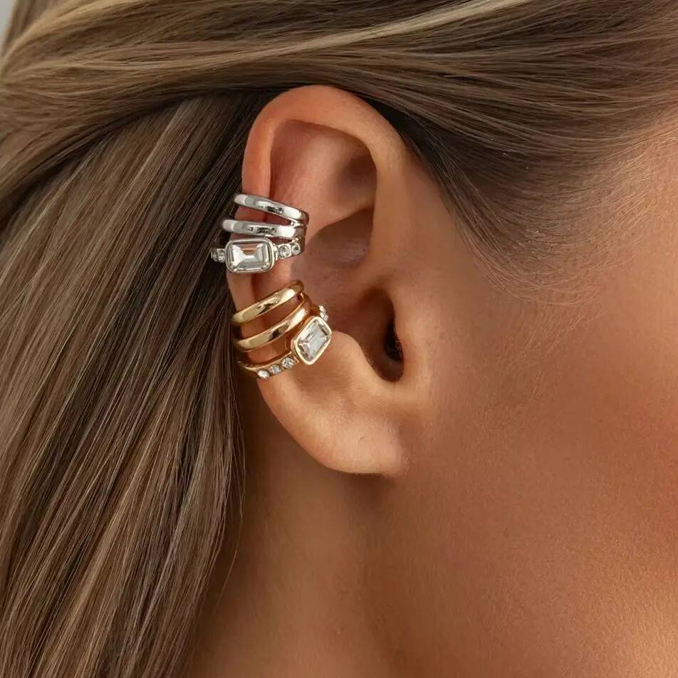 SHIXIN Fashion Rhinestone Multi-layer Clip Earring for Women Creative Simple C Ear Cuff Non-Piercing Ear Clip Set Trendy Jewelry