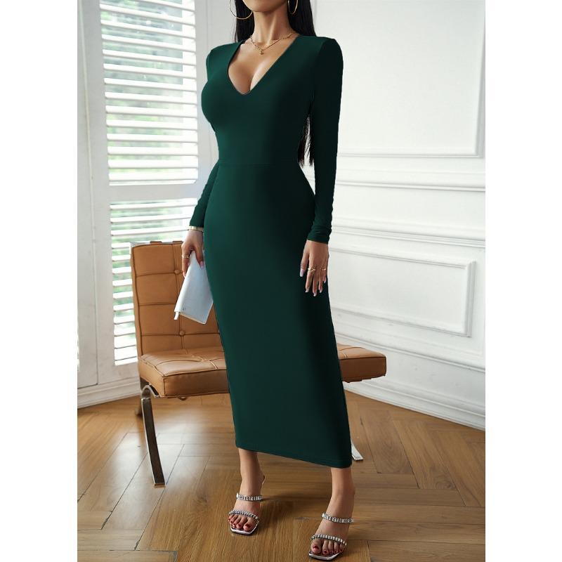 Women's Clothing Independent Station Sexy V-neck Hip-hugging Long-sleeved Dress