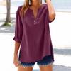 Women's Fashion Loose Standing Collar Button Split Cotton Linen Seven Sleeve T-Shirt Top