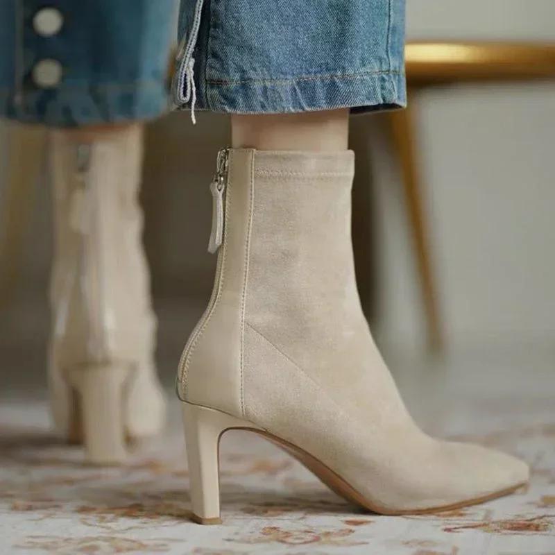 High Heel Suede Boots Women's Korean Style Autumn and Winter Mid Heel Stretch Thin Boots Pointed Toe Back Zip Sock Boots Women