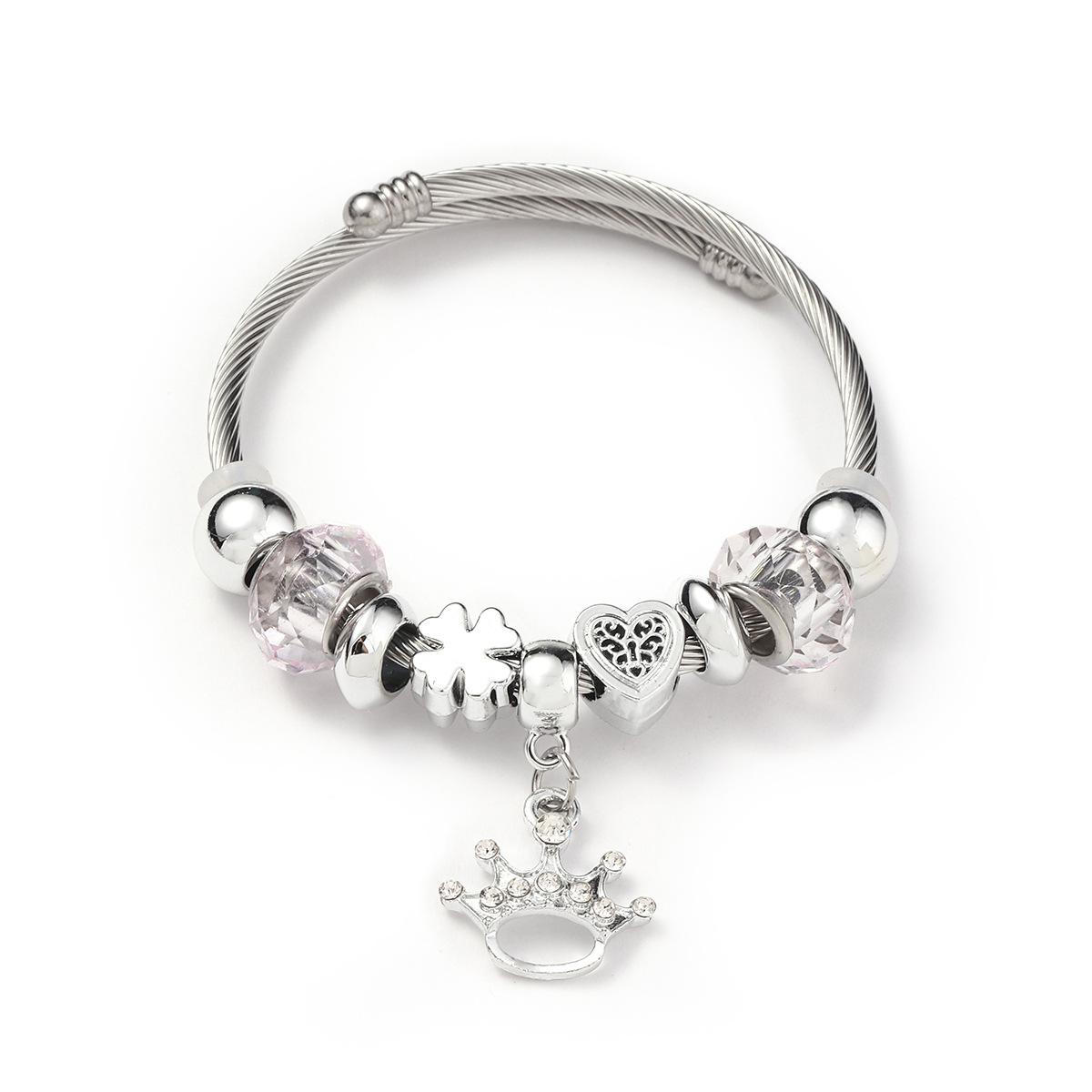 European  American Colorful Crystal Beaded Bracelet with Crown Pendant - Handmade DIY