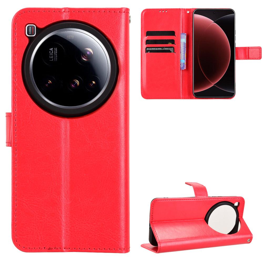 

For Xiaomi 15 Ultra PU Leather Case with Strap Crazy Horse Texture Phone Wallet Cover Red