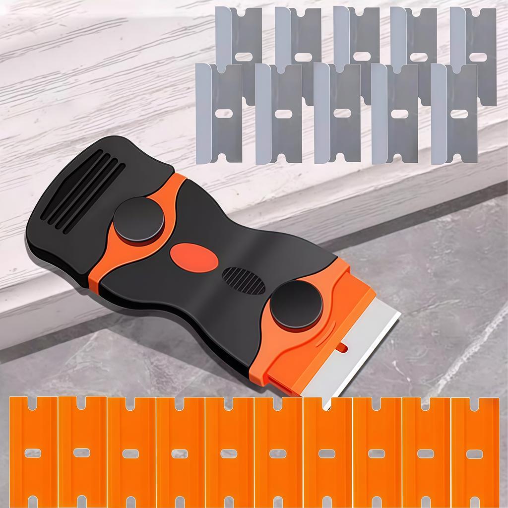 1PC Double Edged Scraping Tool with Extra 10 Plastic Razor Blades & 10 Metal Blades, Multi-Purpose Cleaning Razor Squeegee Knife