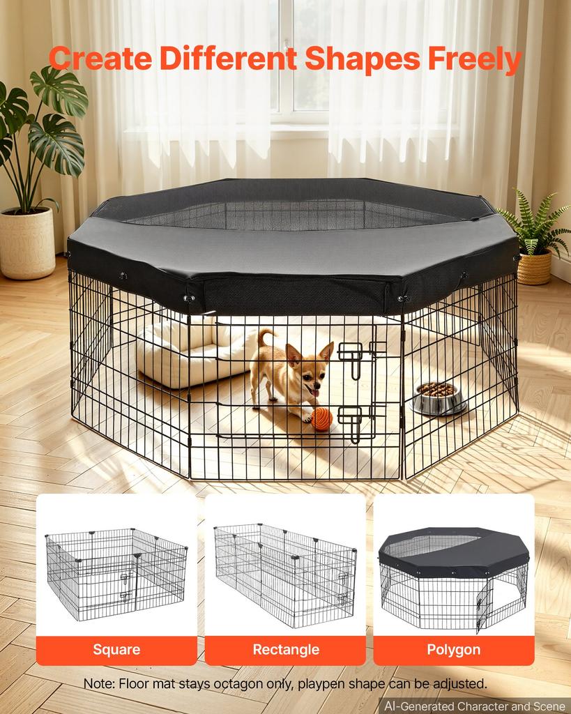 VEVOR Dog Playpen 61 Cm 8 Panels Foldable Metal Exercise Pen with Top Cover, Indoor Pet Fence with Door, Heavy Duty Puppy Crate Kennel