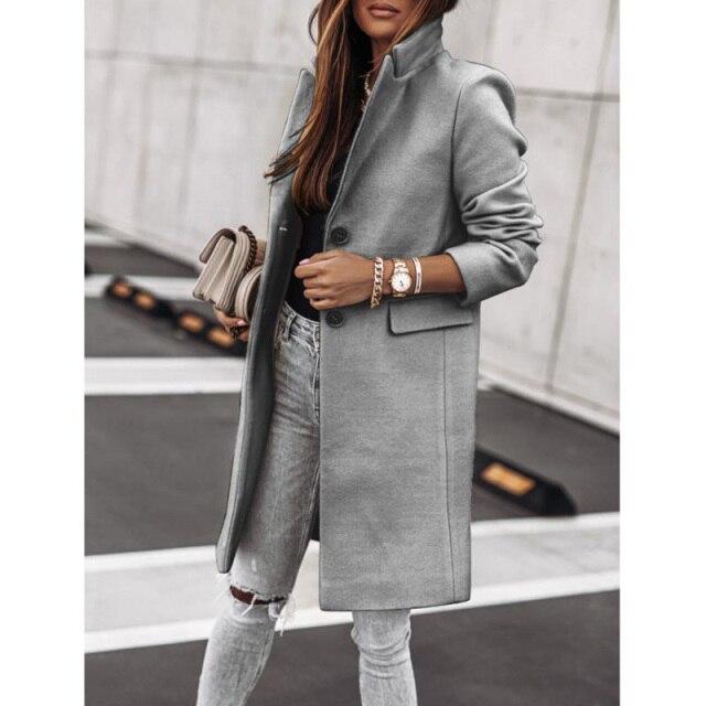 Neuer Damen Herbst Winter Langarm Slim Midi Reißverschluss Wollmantel Knöpfe Taschen Einfarbig Lässig Mode Damen Kleidung Mantel Oberteile