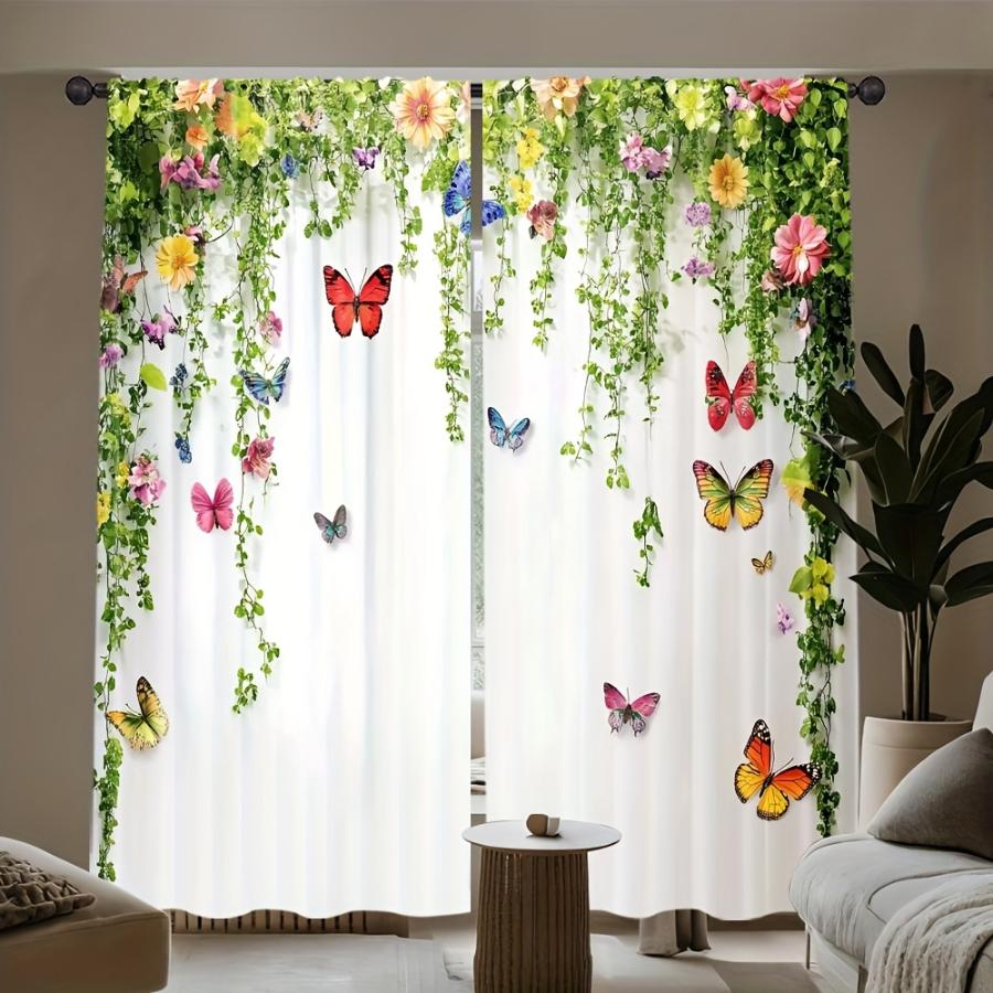 2PCS Digital Print  Curtain, Green Vines Colorful Butterfly, Modern Home Decor  Curtain for Bedroom Living Room