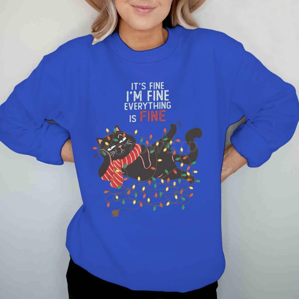 Weihnachtsgeschenke Outfits Oberteil Mir geht es gut Alles ist gut Grafikpullover Damen Fröhliche Weihnachten Katze Lichter Cartoon Sweatshirt