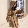 Women's Korean Chic Hooded Trench Coat with Lantern Sleeves - Spring & Autumn Casual British Style
