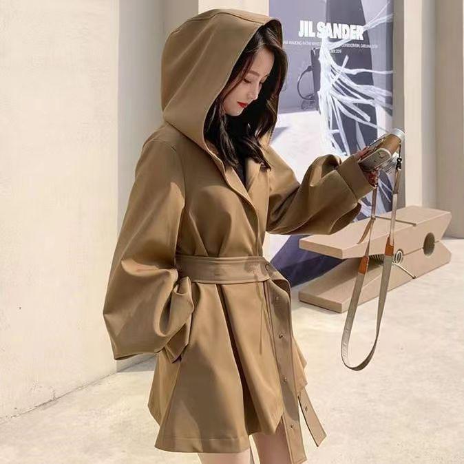 Women's Korean Chic Hooded Trench Coat with Lantern Sleeves - Spring & Autumn Casual British Style
