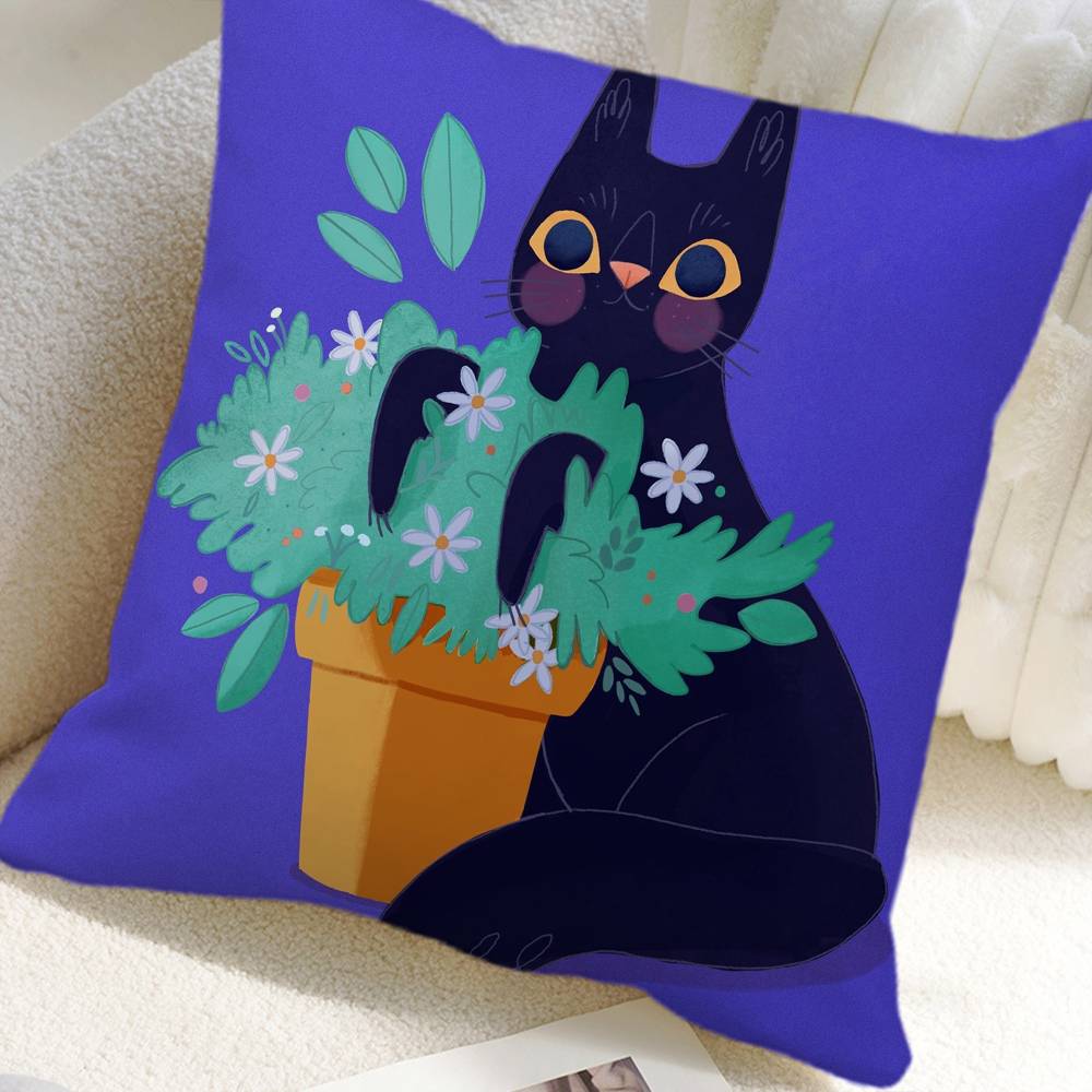 

Funny Black Cat In A Potted Pillow Case Square Pillow Bedroom Sofa Leisure Comfort Cushion Car Home Decoration 16x16Inch