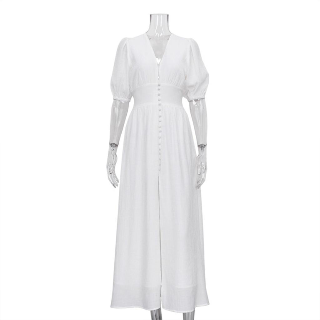 European American INS Style Women's Long Dress, Design Puff Sleeve, Slim Fit Bodycon, Split Hem Elegant Party Dress