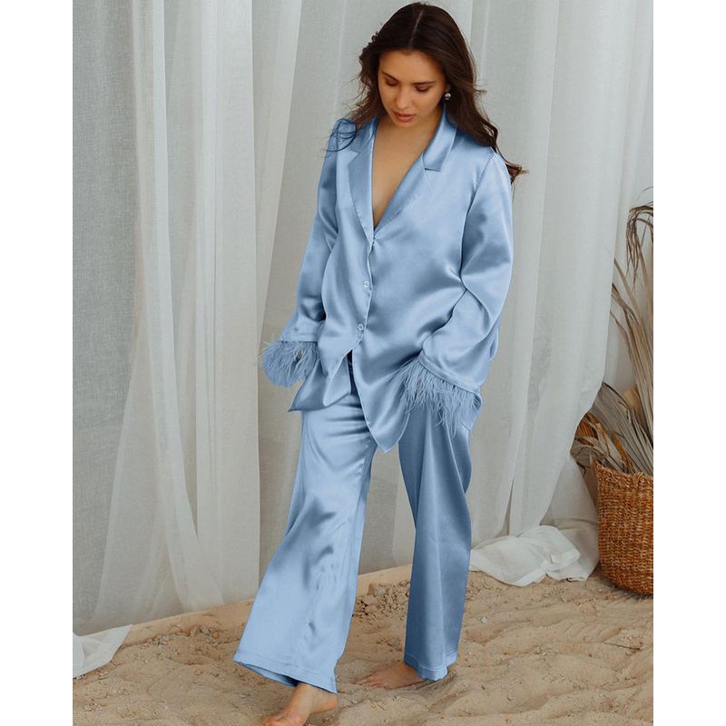 Fashion Wind Feather Long Sleeve Trousers Suit Loose Fashion Home Wear Feather Top Trouser Set