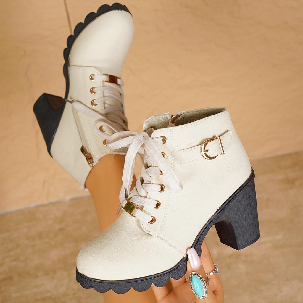Fashion 2025 New Spring Autumn Women Pumps Boots Lace-up European Ladies Shoes Casual High Heels White Roman Style Ankle Boots for Women
