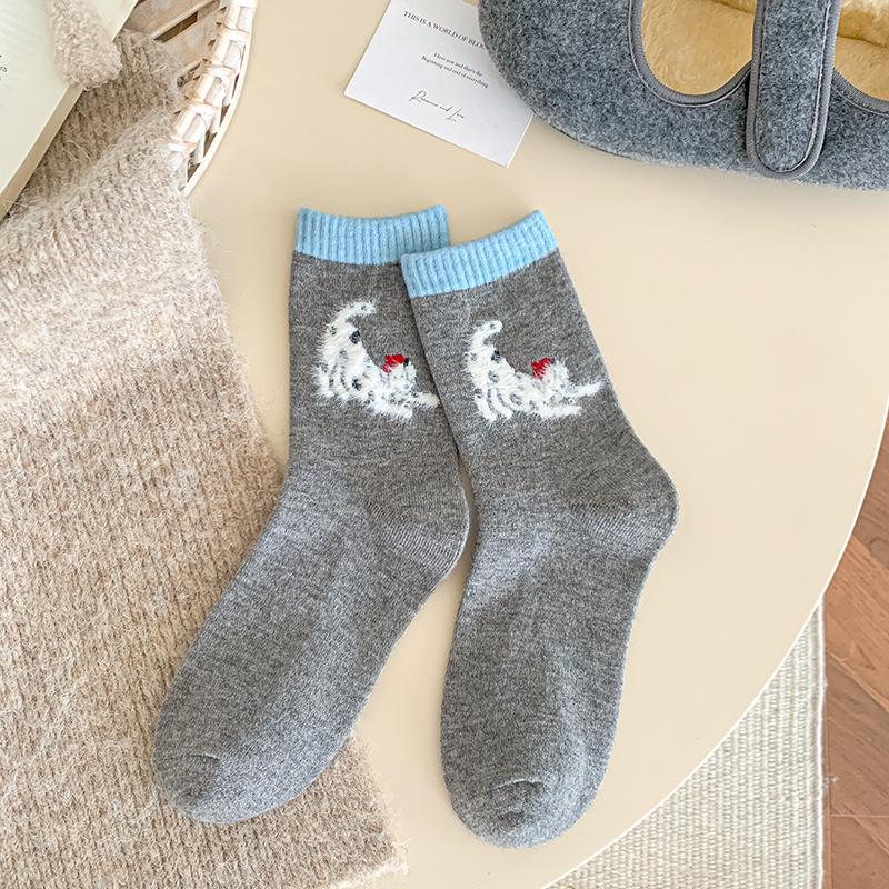 Grey Puppy Socks Warm Moorse Thickened Fleece Warm And Cute Cartoon Animal Tide Stockings