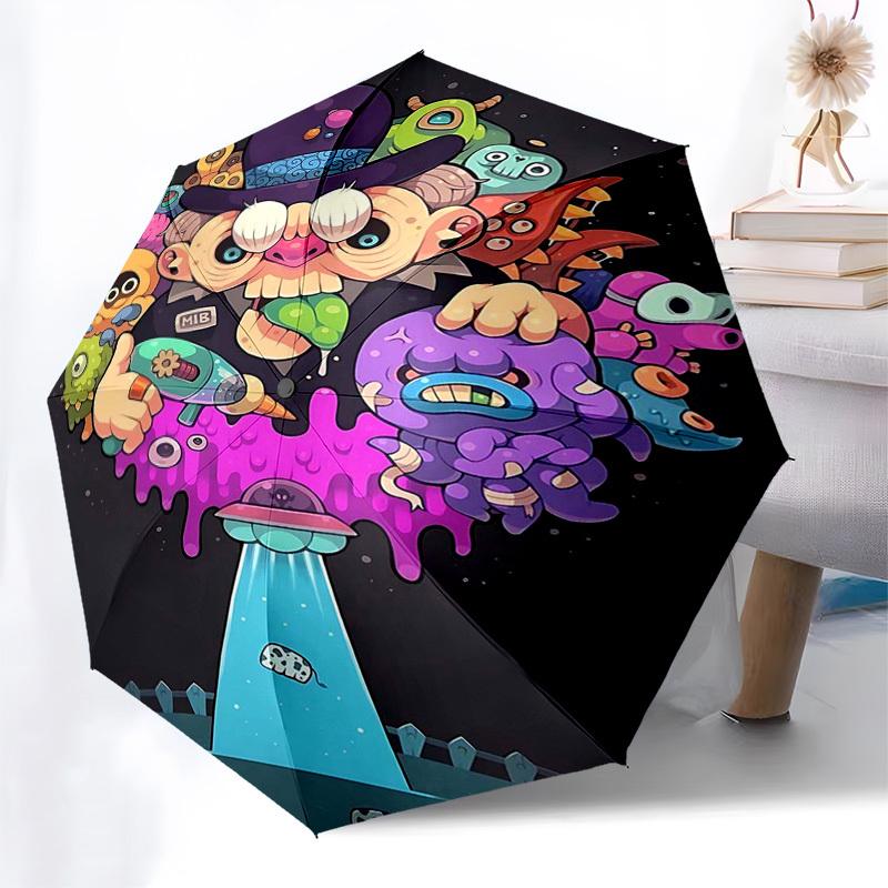 1pc Alien Invasion Automatic Opening/Closing Outdoor Umbrella with MIB Agent Design - Portable 3-Fold Folding Umbrella with 8-Rib Iron Frame, Per