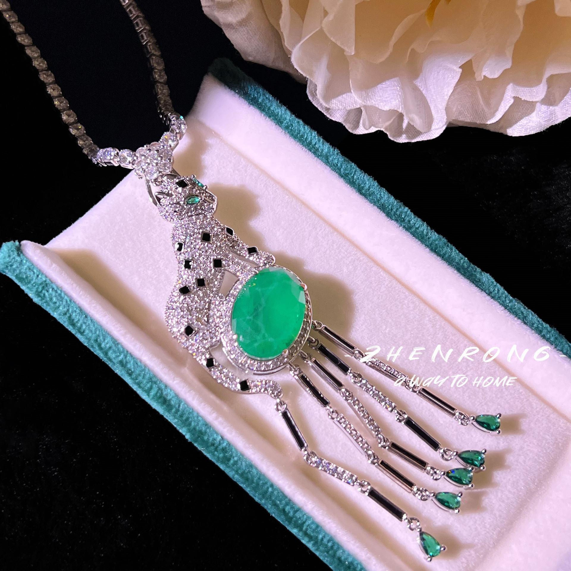 Emerald With Cotton Tassel Necklace Leopard Set Earrings Vintage Long Stud Earrings Earrings Cheetah Open Ring Female