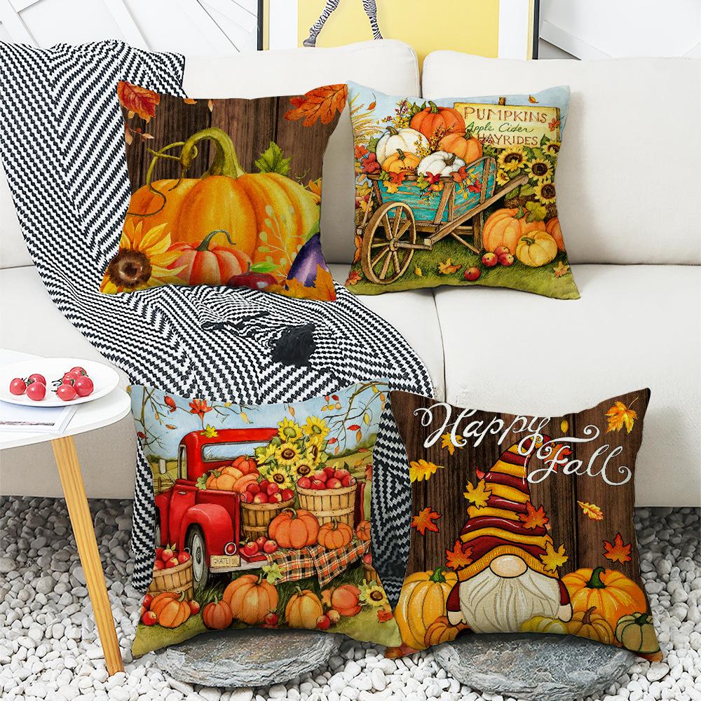New Autumn Cushion Retro Pumpkin Gnome Farm Truck Home Cushion Pillow Cover