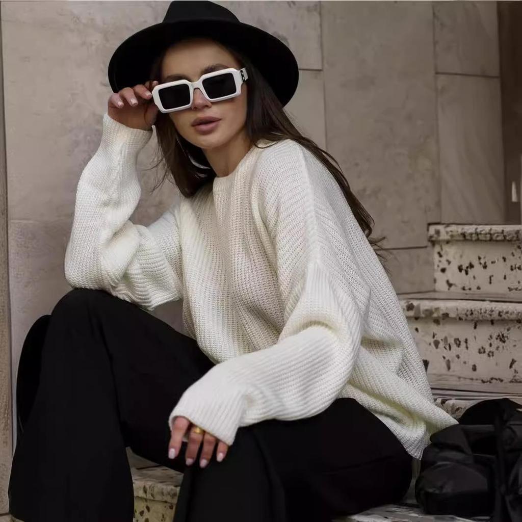 Plain Round Neck Sweater - 2024 European & American Spring/Autumn Loose Knit Pullover for Women