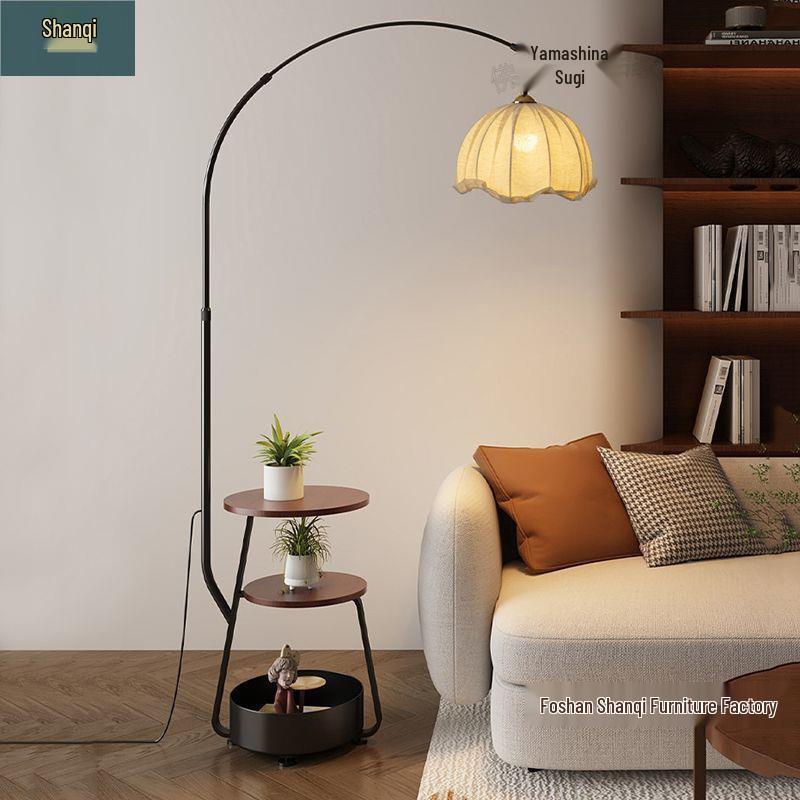 Antique-Style Floor Lamp with Integrated Coffee Table and Storage Rack