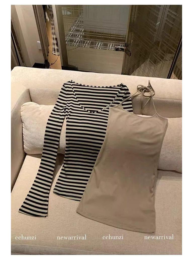 Autumn Flare Sleeve Striped Two-Piece Set - Women's Korean Style Sweet & Spicy Slimming Dress