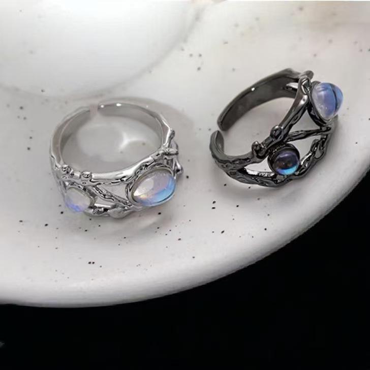 Cross Hand Black & White Moonstone Couple Rings - Retro European American Style for Men & Women