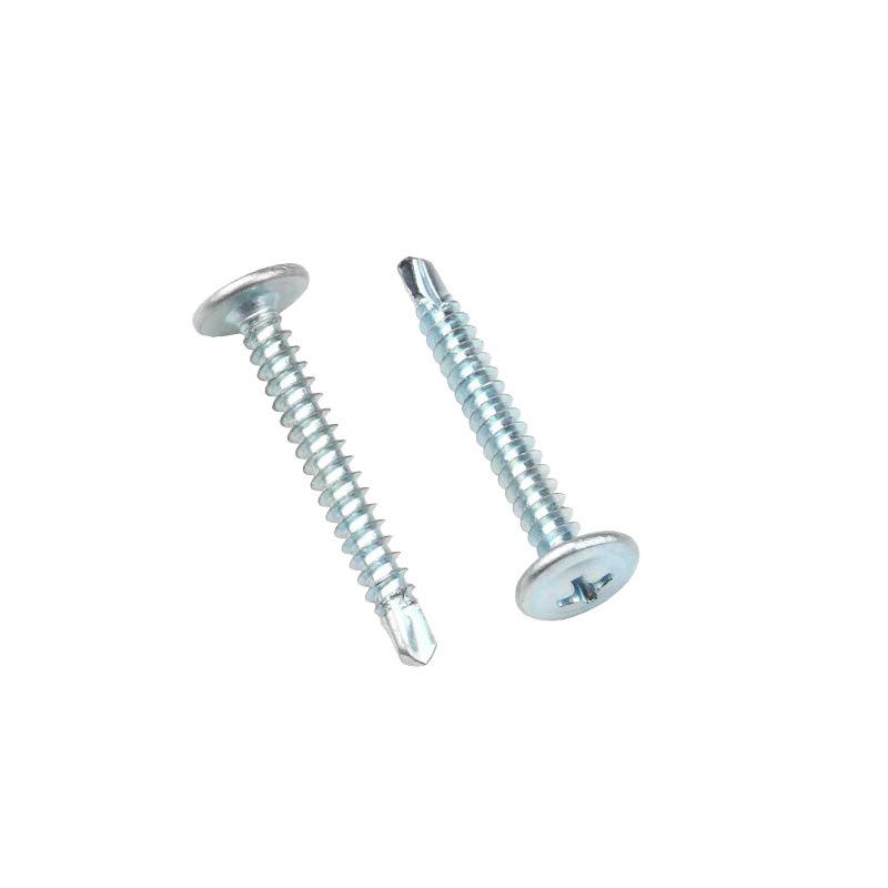 Galvanized Carbon Steel Cross-Head Round Screw with Washer, Flat Head, Self-Tapping & Self-Drilling Fishtail Design