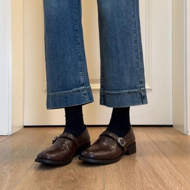 Cowhide version~ row style retro thick-soled thick-heeled small leather shoes, women's one-pedal lazy belt buckle, genuine leather