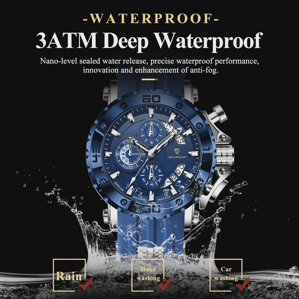 POEDAGAR Men's Silicone Band Sport Watch Chronograph Quartz Waterproof Luminous Hands Casual Wristwatch Male Gift
