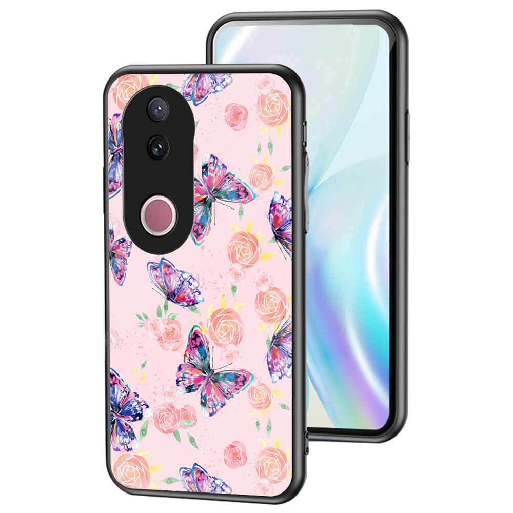 

For vivo V50 5G Case Butterfly Pattern TPU+Tempered Glass Protective Phone Cover Rose Butterfly