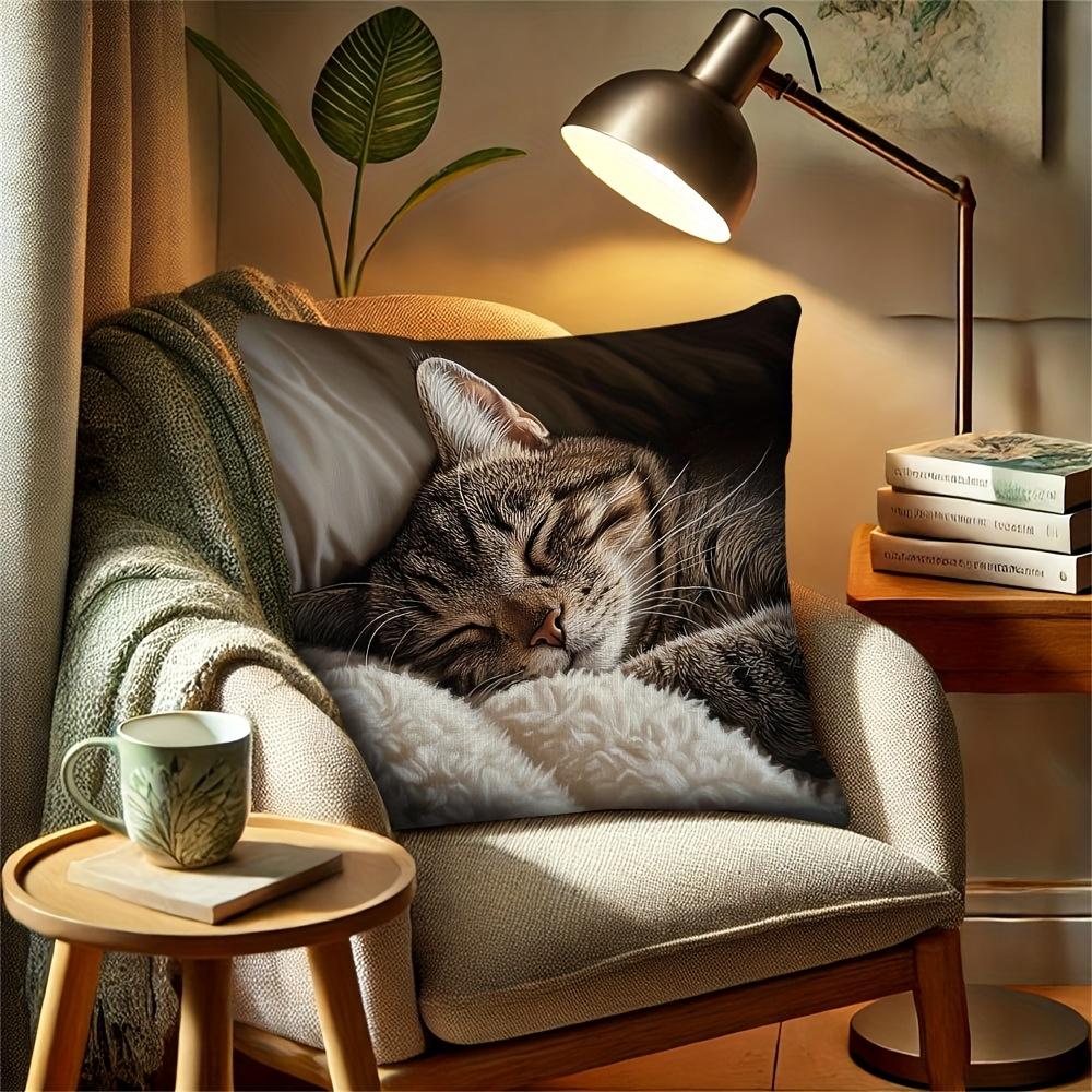 1Pc Modern Cat Face Pillow Cover Realistic Tabby Cat Design Machine Washable Suitable For Living Room Bedroom Warm Home Decor