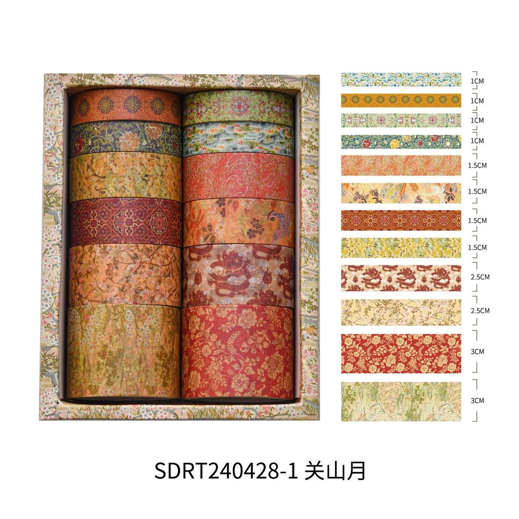 12 rolls/box Retro Landscape Washi Tape Creative Floral Mountain Crane Design Sticker Rolls Scrapbook Gift Wrapping