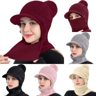 Women Winter Thickened Lining Hat Thermal Balaclava Hood Scarf with Visor Knitted Caps with Pom Pom