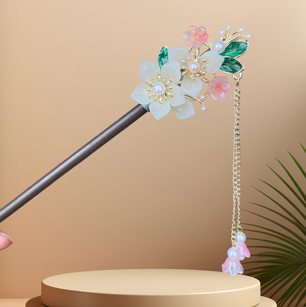 Exquisite Flower Tassel Wooden Hairpin Retro Chinese Style Handmade Floral Hair Stick Vintage Girls Women Hanfu Hair Accessories