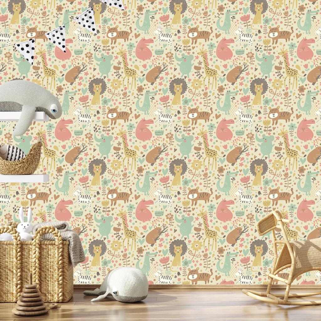 Safari Wallpaper Elephants Lions Zebras Plants for Living Room and Bedroom 50x1000
