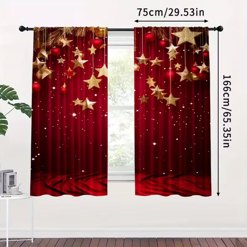 2pcs Red & Gold Star Christmas Curtains Glittery Design Polyester Window Decor for Holiday Living Room Bedroom Rod Pocket Curtai